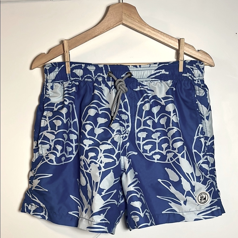 Surfcuz Blue & White Topical Pattern Swim Trunk Bathing Suit Shorts